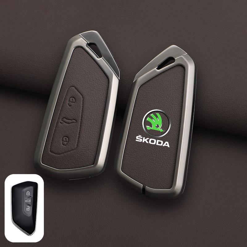 XOWS7 Zinc Alloy Leather Car Remote Key Case Cover Protector Shell Fob For Skoda Superb A7 Kodiaq Octavia A7 A8 Keychain Accessories
