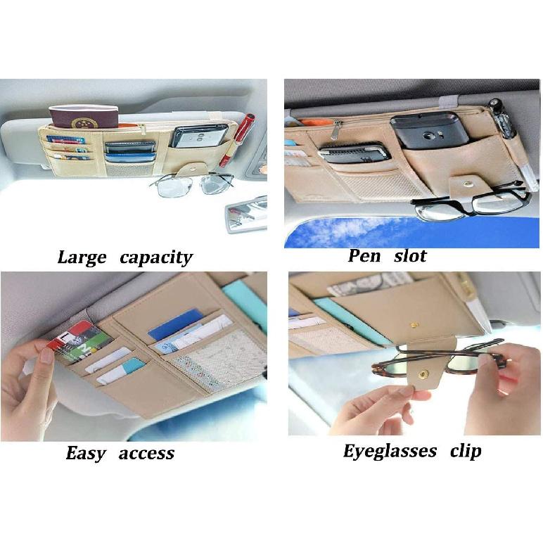 Car Sun Visor Organizer, Auto Car Interior Leather Accessories Storage Pocket Sun Visor Pouch Case Bag for Card License Registration Pen Mobile Phone