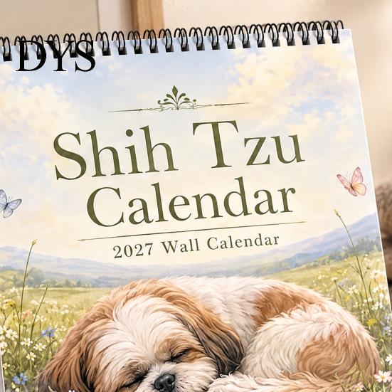 Ежедневник Shih Tzus 2027 Настенный календарь, Милый собачий подвесной планировщик, 12-месячный календарь с фотографиями животных на спирали для дома и офиса,
