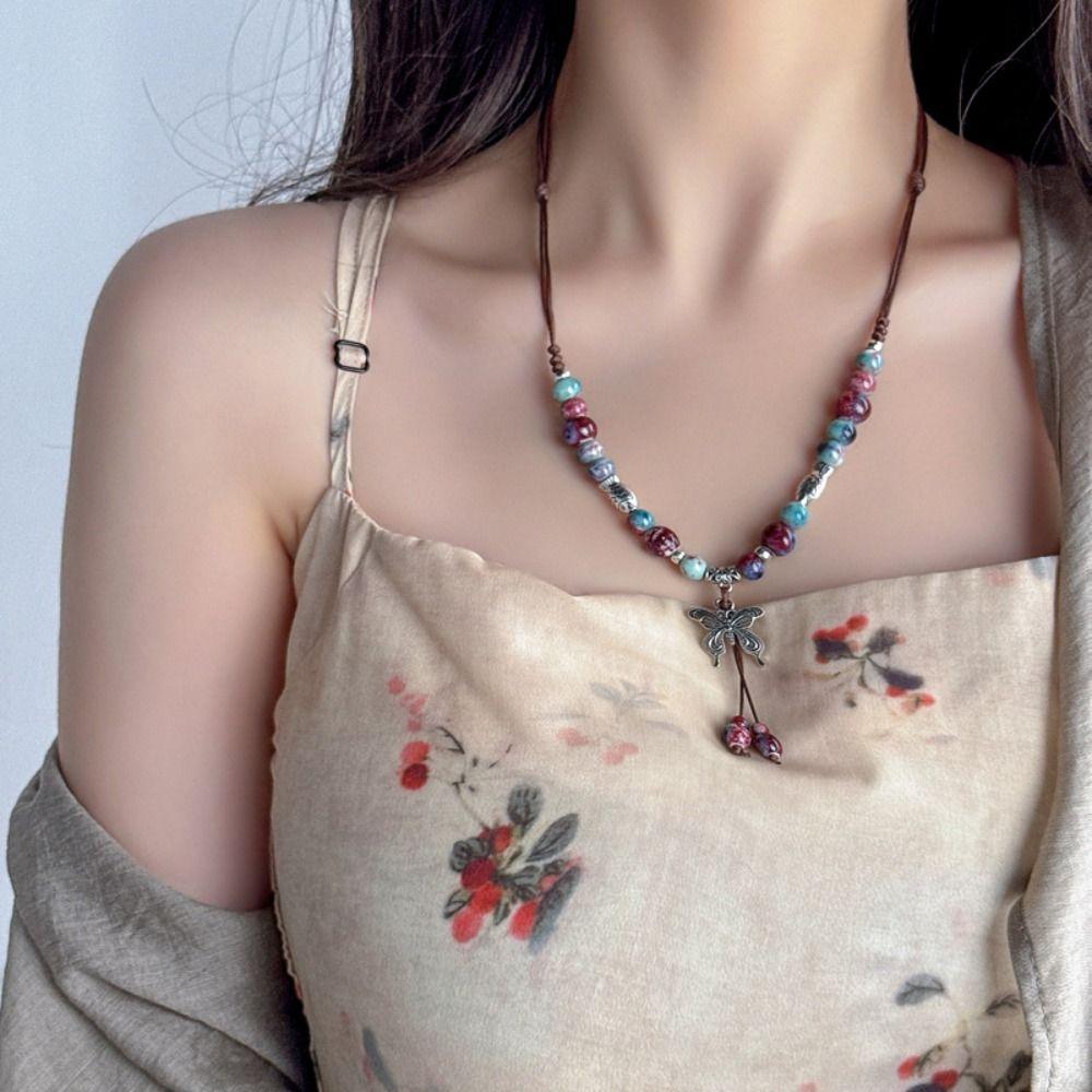 Chinese Ethnic Style Beads Necklace Adjustable Long Sweater Chain Necklace Jewelry Accessory