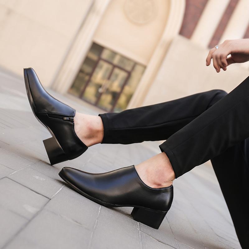 Новые кожаные туфли на платформе 8 см, мужские двухслойные модельные туфли из воловьей кожи, мода 2024, черная повседневная деловая мужская обувь с острым носком на молнии