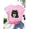 Милая женская футболка с изображением кота, пьющего кофе, летняя модная футболка с короткими рукавами, футболки с круглым вырезом, повседневная футболка, женская одежда