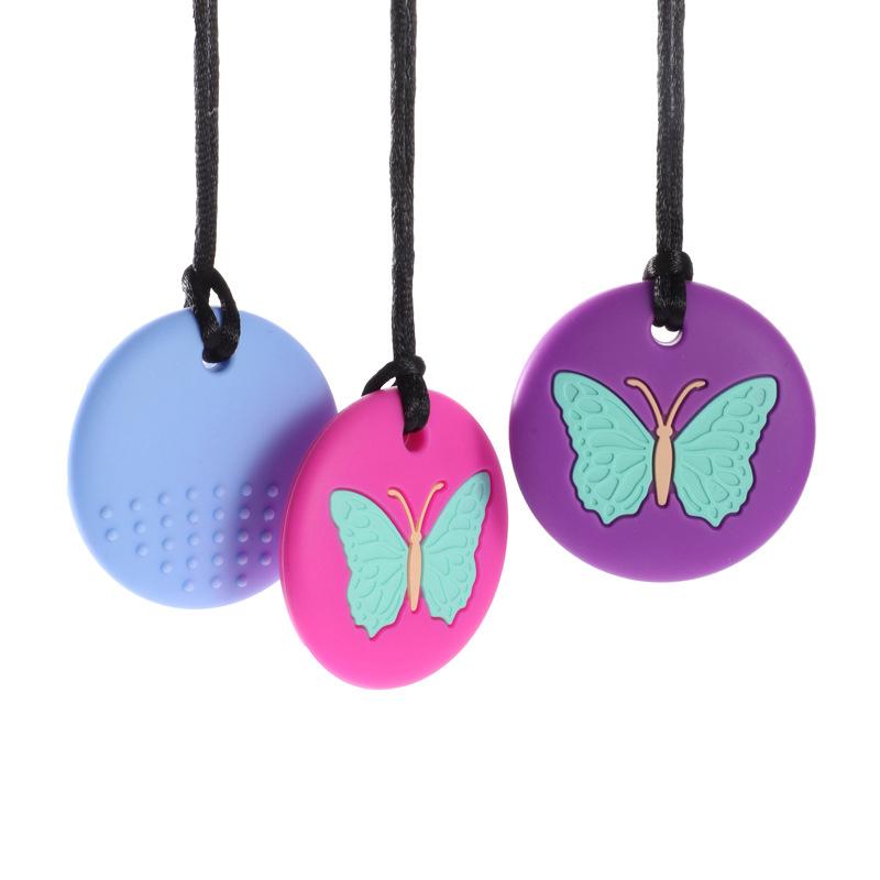 Chewy Necklace Butterfly Shape Autism Adhd Biting Sensory Child Silicone Teether Chew Toy Children Silicone Teether Pendant