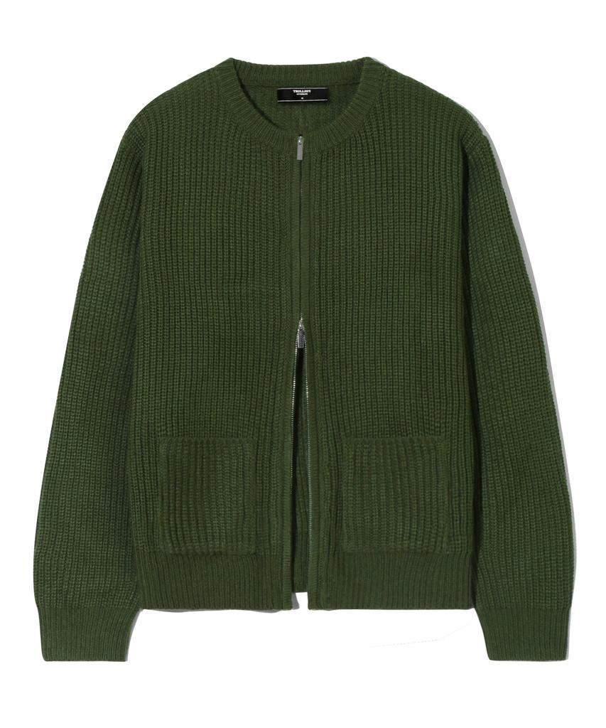 TRILLION Washable Round Neck Hachi Zip-Up Knit (Khaki)