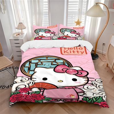 3 шт. Постельное белье в древнем стиле с рисунком Hello Kitty, комплект из трех предметов (1 Наволочка + 2 Наволочки, Без Наполнителей), Мягкий и удобный W004