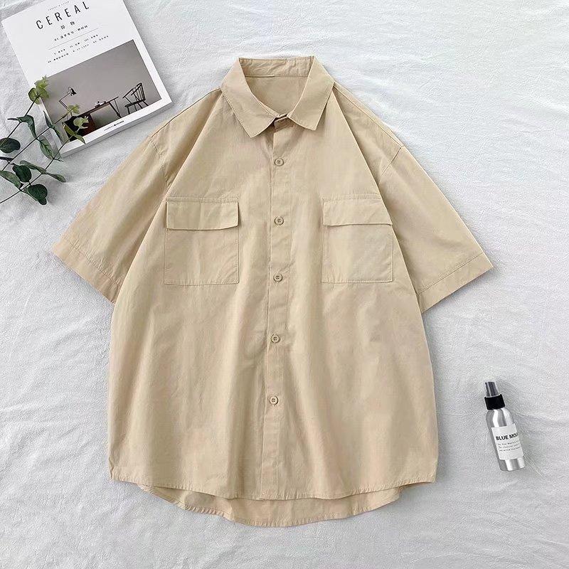 Solid Color Short Sleeve Shirt, Unisex Summer Korean Style Cool Workwear Top Trendy Loose Fit Shirt Jacket