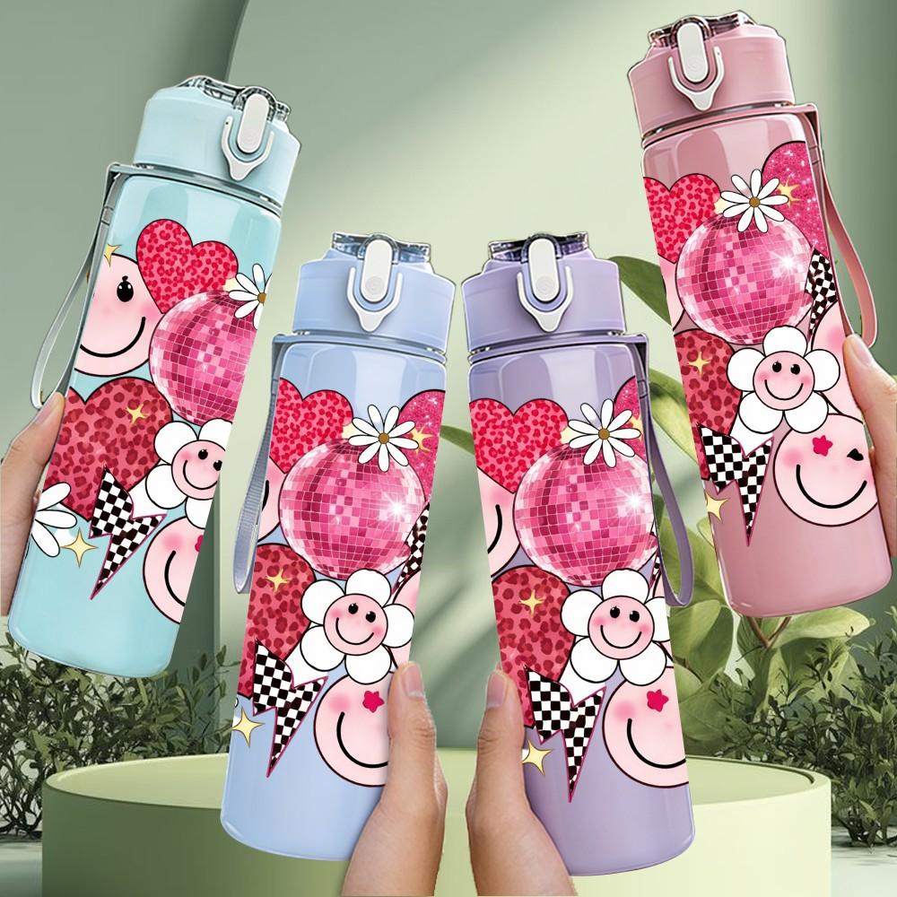 1PC Smiley Heart Bouquet Cartoon Print 750ml Color Plastic Sports Water Bottle Leakproof Flip Straw Lid Suitable for Sports Office Home Use