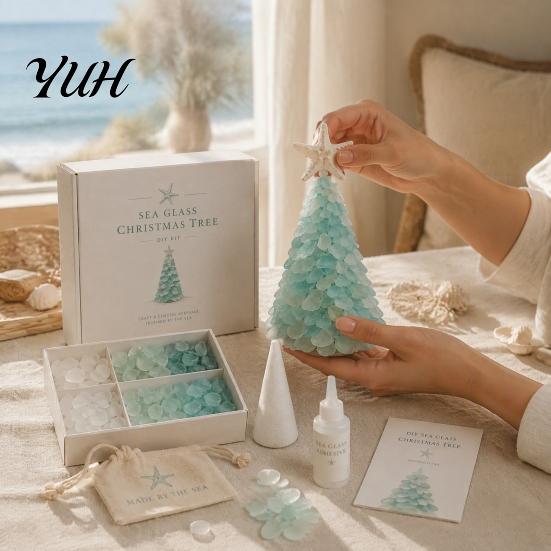 Ocean Inspired Holiday Ornaments DIY Sea Glass Christmas Tree Art Kit, 3D Coastal Xmas Craft Kit Beach Theme Home Decorations with Pieces, Handmade