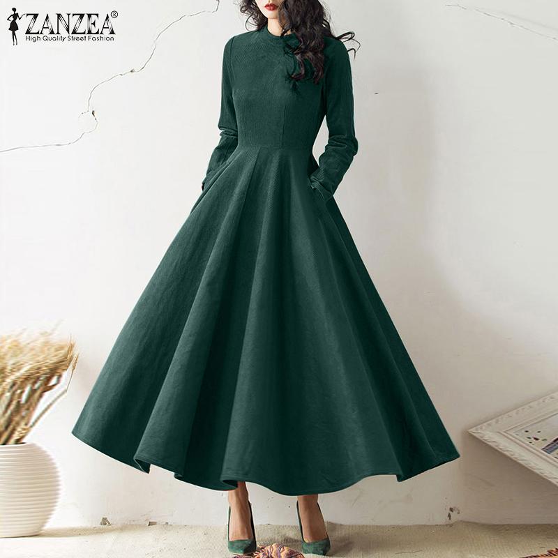 ZANZEA Spring Autumn Women Casual O-neck Long Sleeve A-line Long Dress
