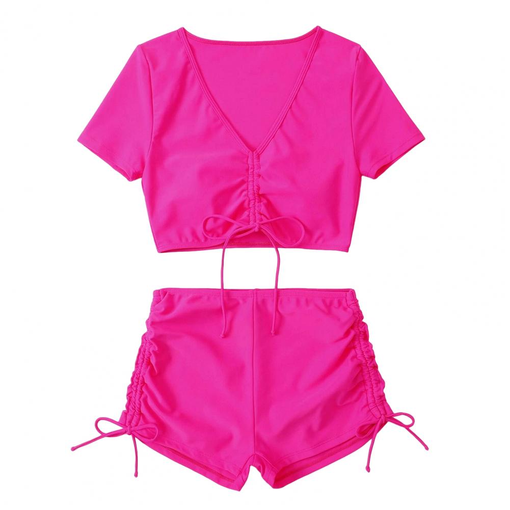Solid Color Swimsuit Stylish Women's Summer Bikini Set with V-neck Top High Waist Drawstring Swimsuit 2 Piece Set for Beach
