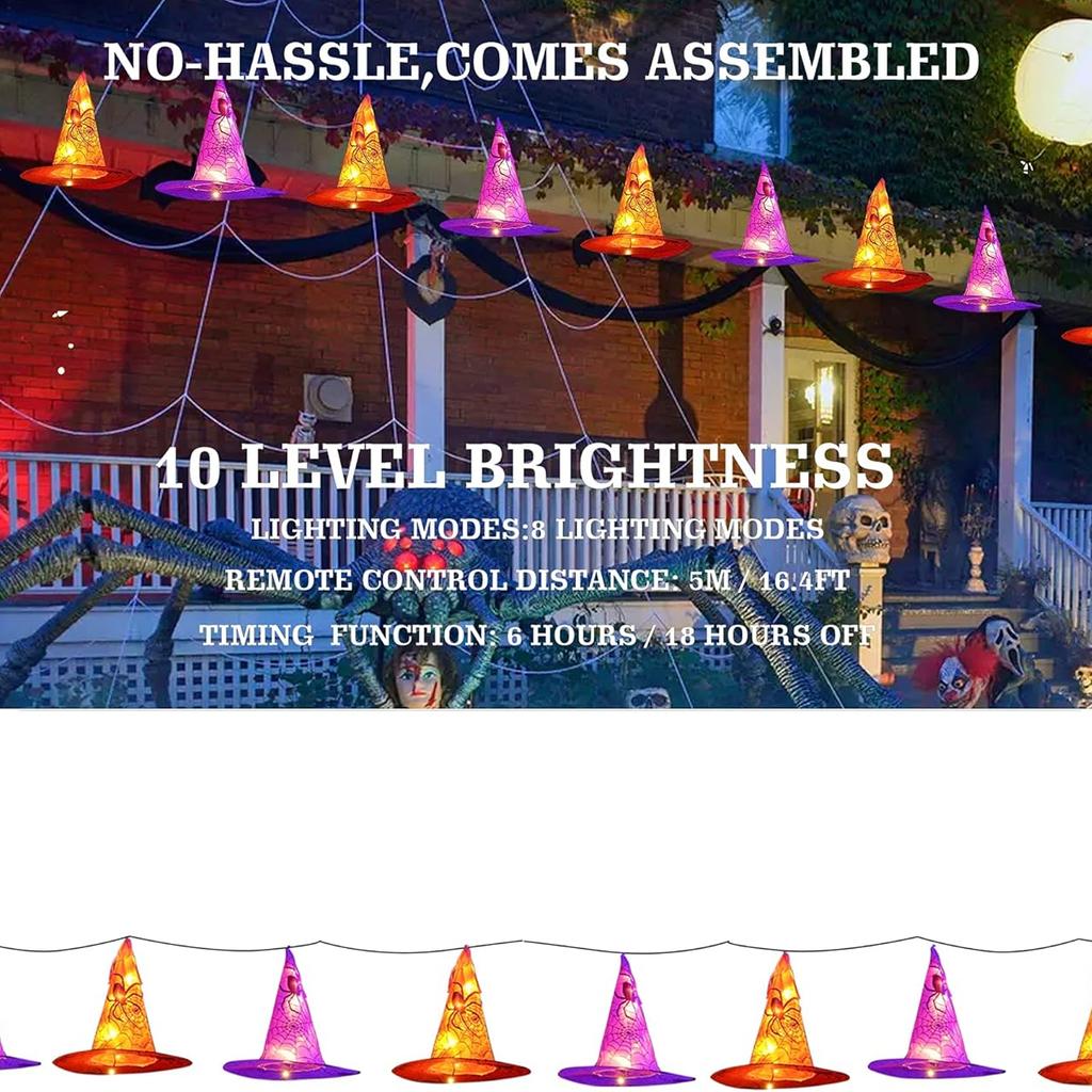 8 Pcs Hanging Witch Hat String Lights, Light Up Waterproof Halloween Decorations with Remote Control for Outdoor Garden Party Carnival Supplies Decor