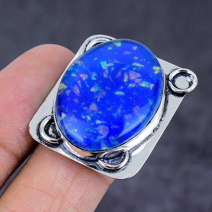 Blue Triplet Opal Handmade 925 Sterling Silver Jewelry Ring Size 9 H0b96