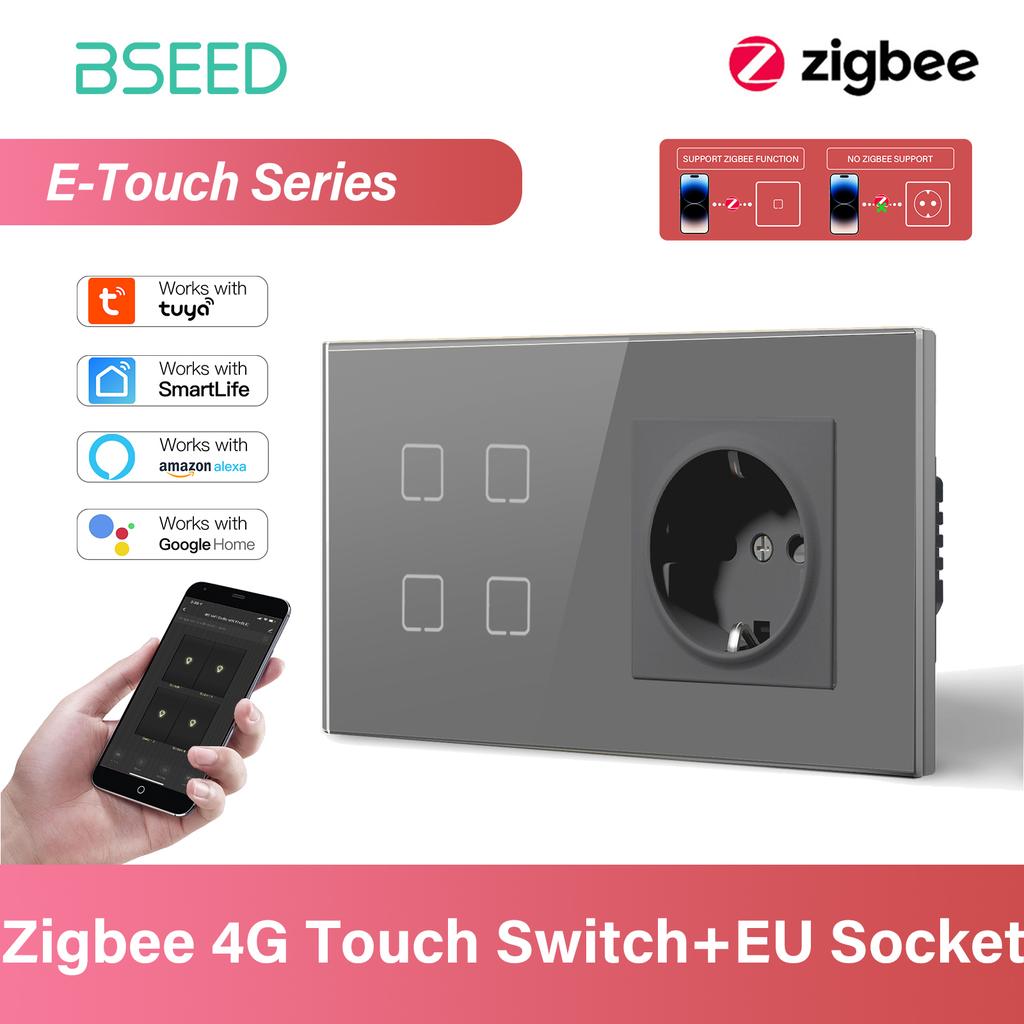 BSEED 1/2/3/4-клавишный сенсорный выключатель Zigbee, стекло с розетками EU, умный настенный выключатель света, сенсорный экран, подсветка, серия E