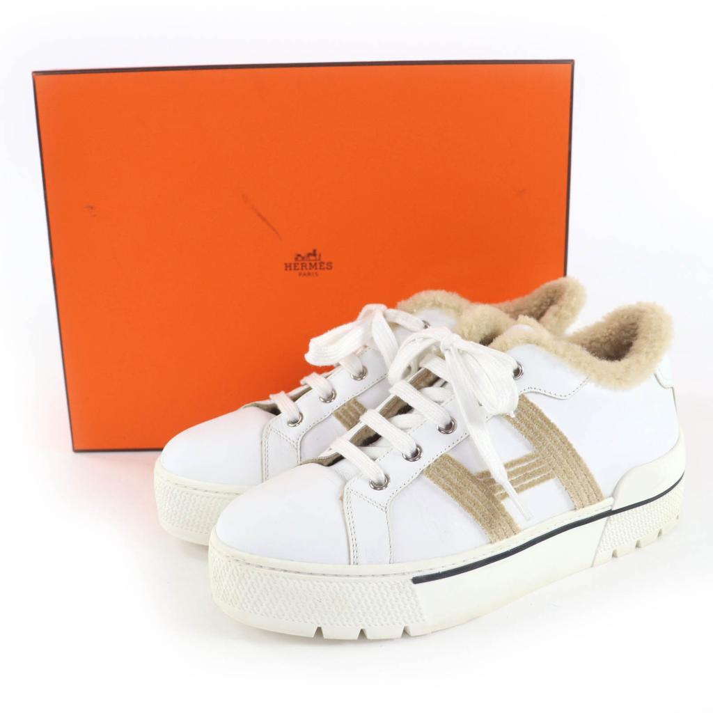 Great HERMES Low cut sneakers Dare H logo design mouton leather White beige 38 Used