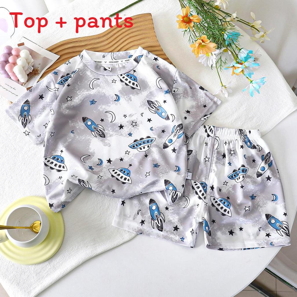 Cartoon Dinosaur Summer Boys Toddler Twopiece Set With Short Sleeve Top And Shorts