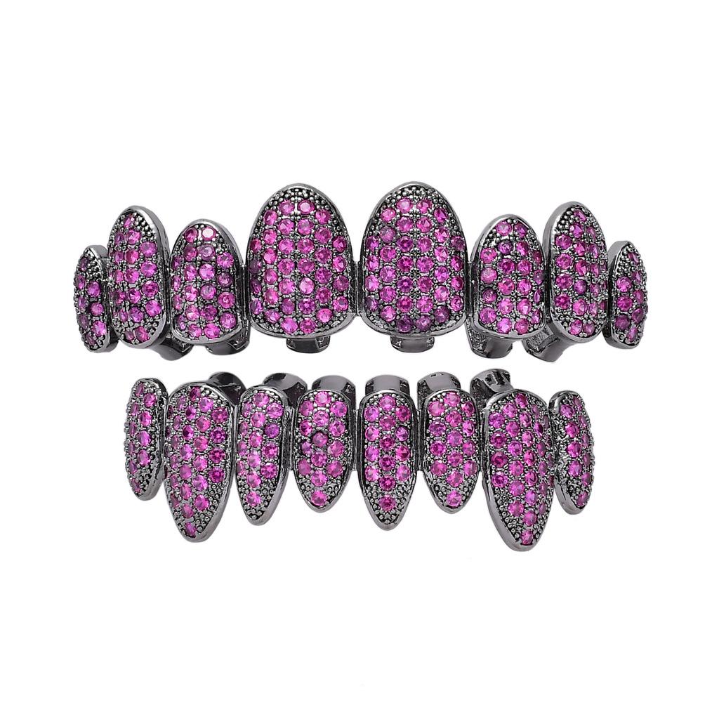 New Hiphop Teeth Grillz Iced Out Micro Pave CZ Stone Top & Bottom Grills Brass with Bling Zircon Diamond Grillz Set Body Jewelry