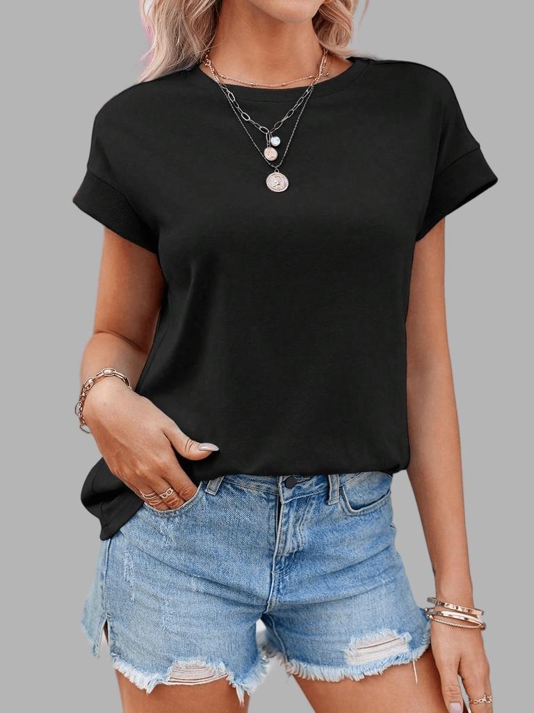 Women's Loose Basic Cap Sleeve T-Shirt Crew Neck Figure Friendly Summer Casual Top