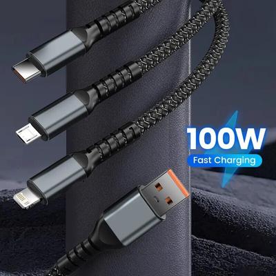 3-в-1 100 Вт 5A быстрая зарядка USB к Type-C Micro кабель для быстрой зарядки для iPhone 15 14 Samsung Xiaomi Huawei