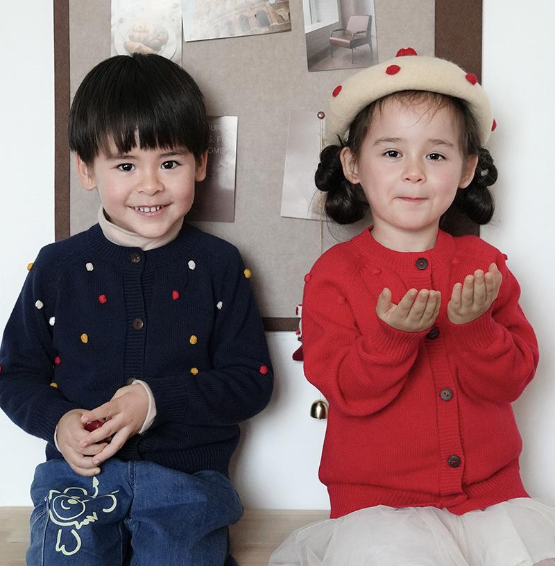 Spring and Autumn Children's Handmade Ball Wool Coat Jacket Pure Cotton Girls Knitted Cardigan