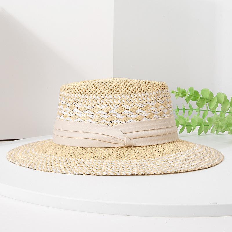 Summer straw hat female British style color matching concave top hand-woven travel big brim sun hat chic high-end top hat
