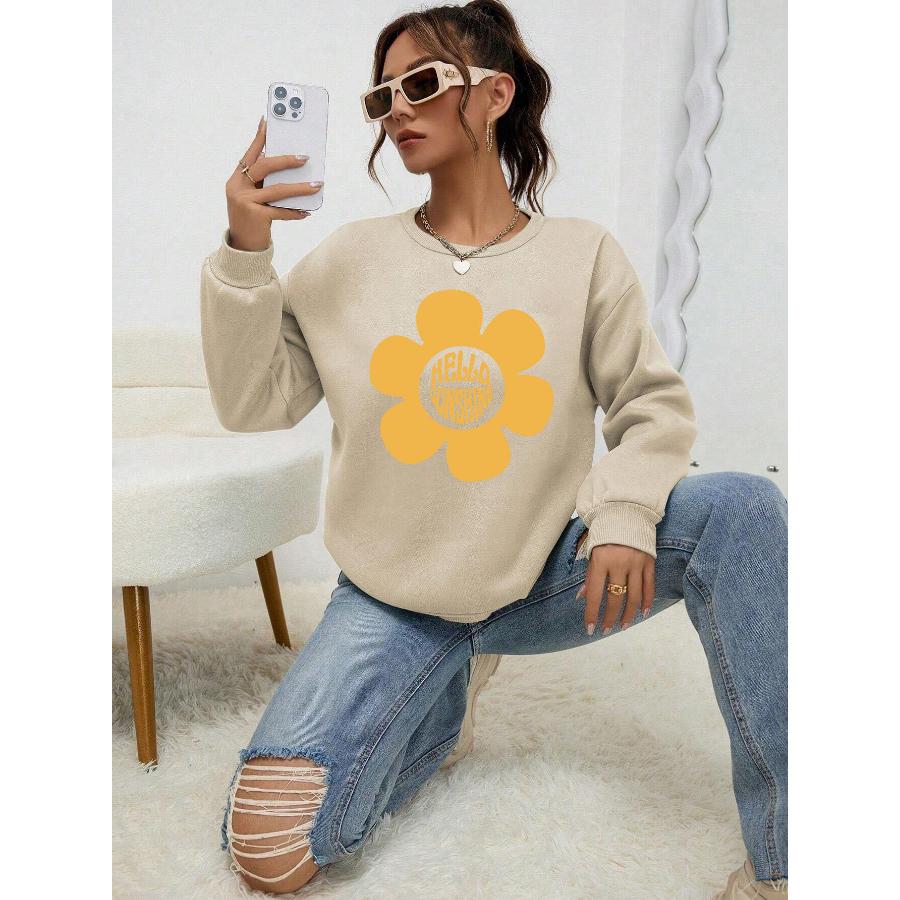 Hello Sunshine Big Yellow Flower Printed Hoodie Women Autumn Casual Pullovers Fleece Simple Sweatshirt Crewneck Female Tops