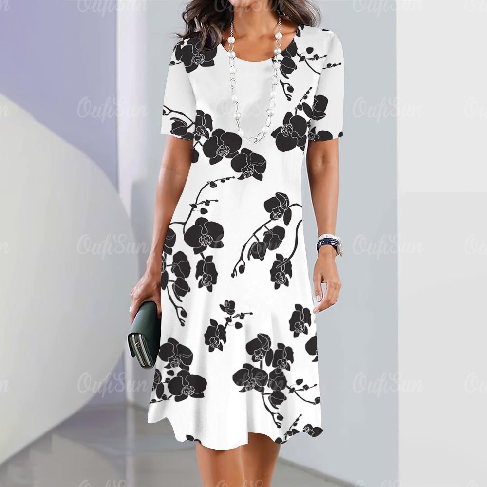 2025 New Ladies Floral Print Summer Elegant Dress Round Neck Short-sleeved Dress Fashion Oversized Clothes