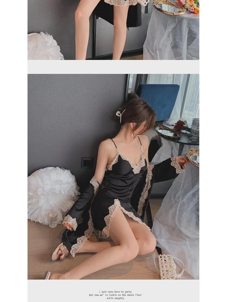 Пижамный комплект из кружева Ice Silk Deep V Backless для женщин