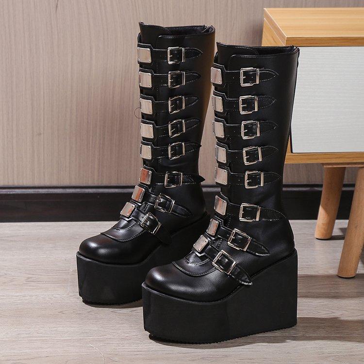 Fashion 2025 New Women's Boots Fashion Platform Leather Knight Boot Cosplay Punk Shoes Gothic Classic Ladies Black Heels Knee-High Shoes