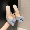 Pointed Toe Coloful Beading Bow Slippers Women High Heels Outdoor Slides Feast Shoes Pleated Silk Blue Mules Female Sandalias