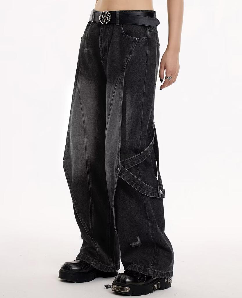 Американские винтажные прямые джинсы с высокой талией, женские черные брюки, повседневные мешковатые брюки Y2K, широкие брюки в стиле гранж, джинсовые брюки в уличном стиле