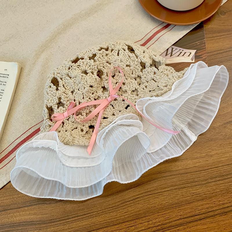 Вязаная ажурная шляпа-ведро с бантом для женщин, защита от солнца, маленькое лицо, кружевная шляпа-ведро, японская шляпа для большой головы, трендовая