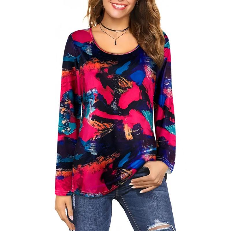 Women's Long Sleeve Round Neck T Shirt, Vibrant Colorful Abstract Print, Casual Artistic Daily Wear