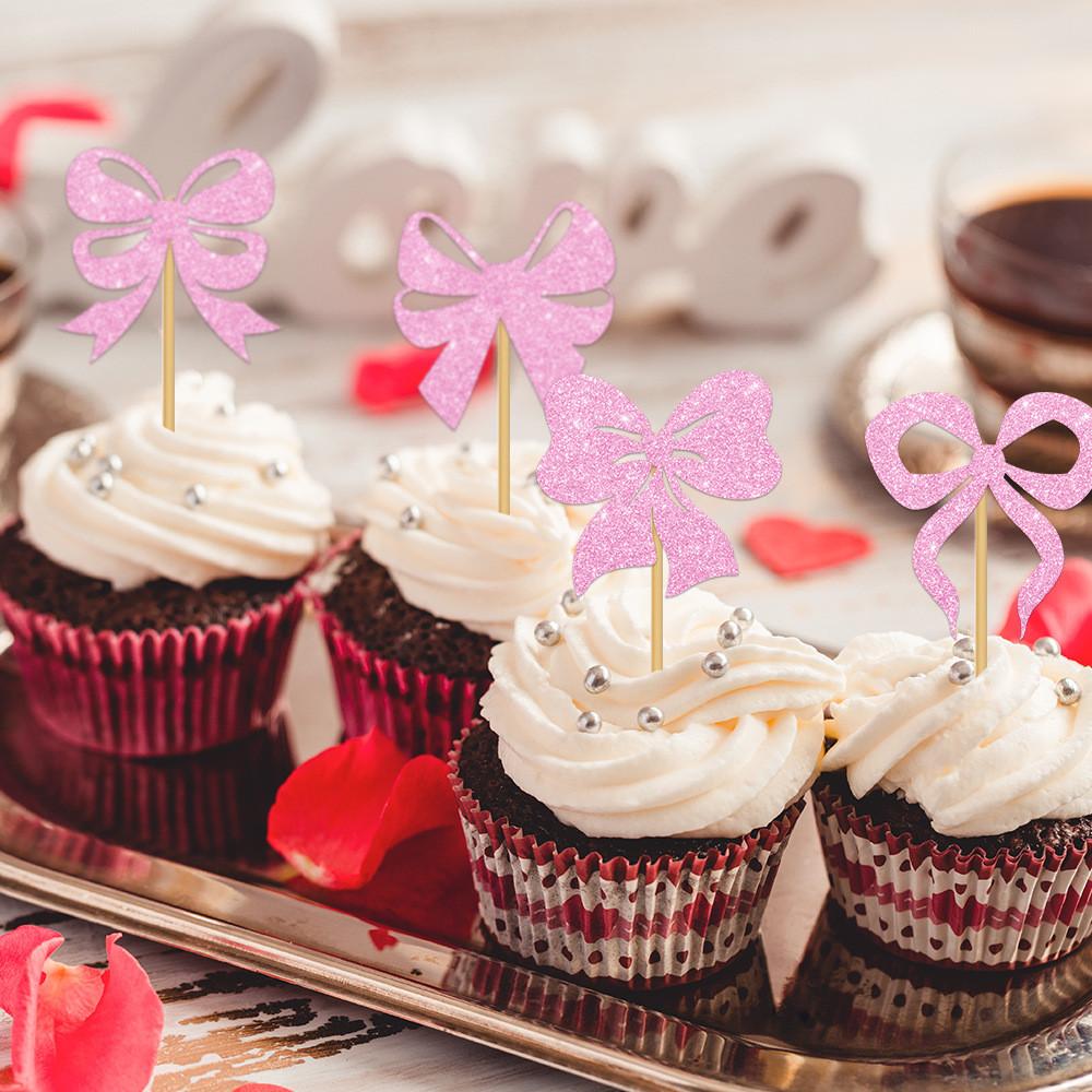 Birthday Party Cake Decoration With Gold Glitter Paper Bows And Flags For Festive Celebration