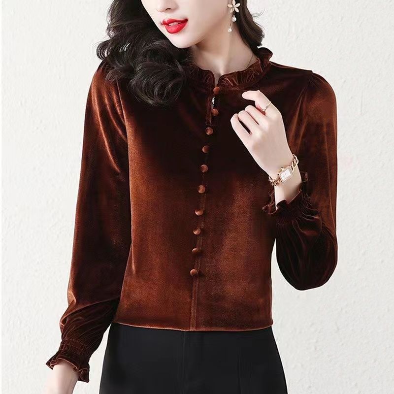Осень-зима золотые бархатные рубашки женская мода с длинным рукавом сплошной цвет пуловер свободная рубашка