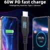 Кабель USB-C - USB-C 1 м Цифровой дисплей 3 А/20 В 60 Вт Быстрая зарядка Плетеный кабель для передачи данных для смартфонов, планшетов