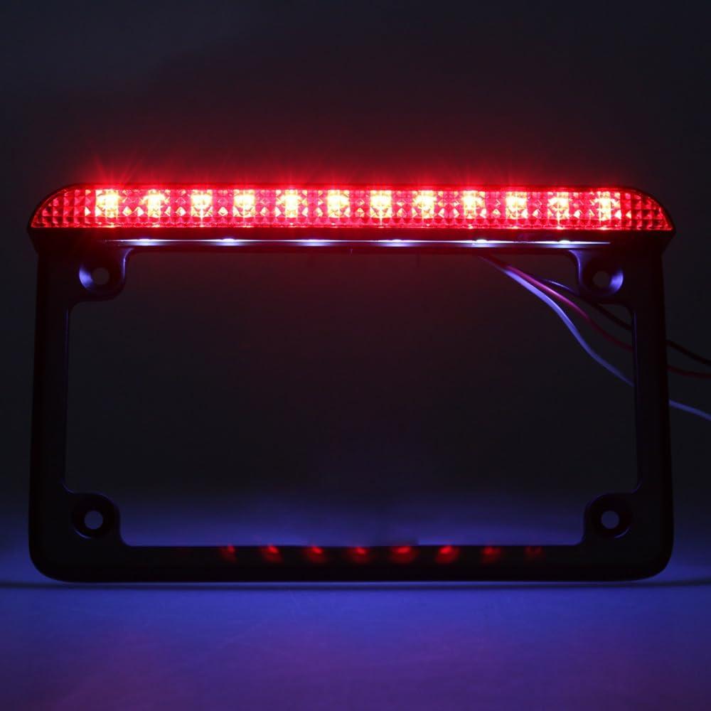 Universal Motorcycle Aluminum License Plate Frame w/LED Light Brake Tail Light, 7"×4"(OD) (Black-Red)