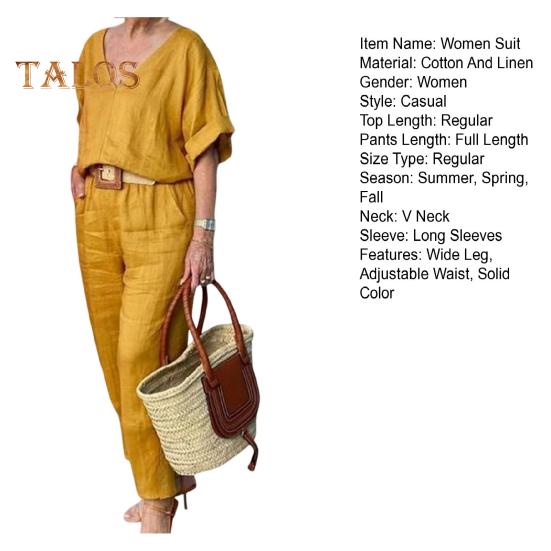 2 шт./компл., блузка, комплект брюк, топ с v-образным вырезом и длинными рукавами, широкие брюки, свободные брюки с эластичной резинкой на талии, повседневная домашняя одежда для поездок на работу, наряд