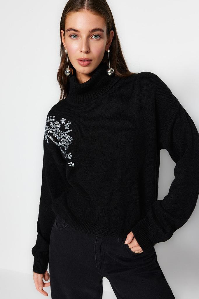 Women's Fashion Stylish Sweater Black Soft Textured Stone Detailed Turtleneck Knitwear Sweater