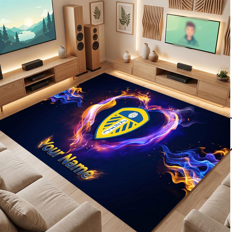 Leeds United Custom Crystal Velvet Rug, Personalized Name Text Print, Football Logo Soft Non‑Slip Floor Mat Home Decor Gift