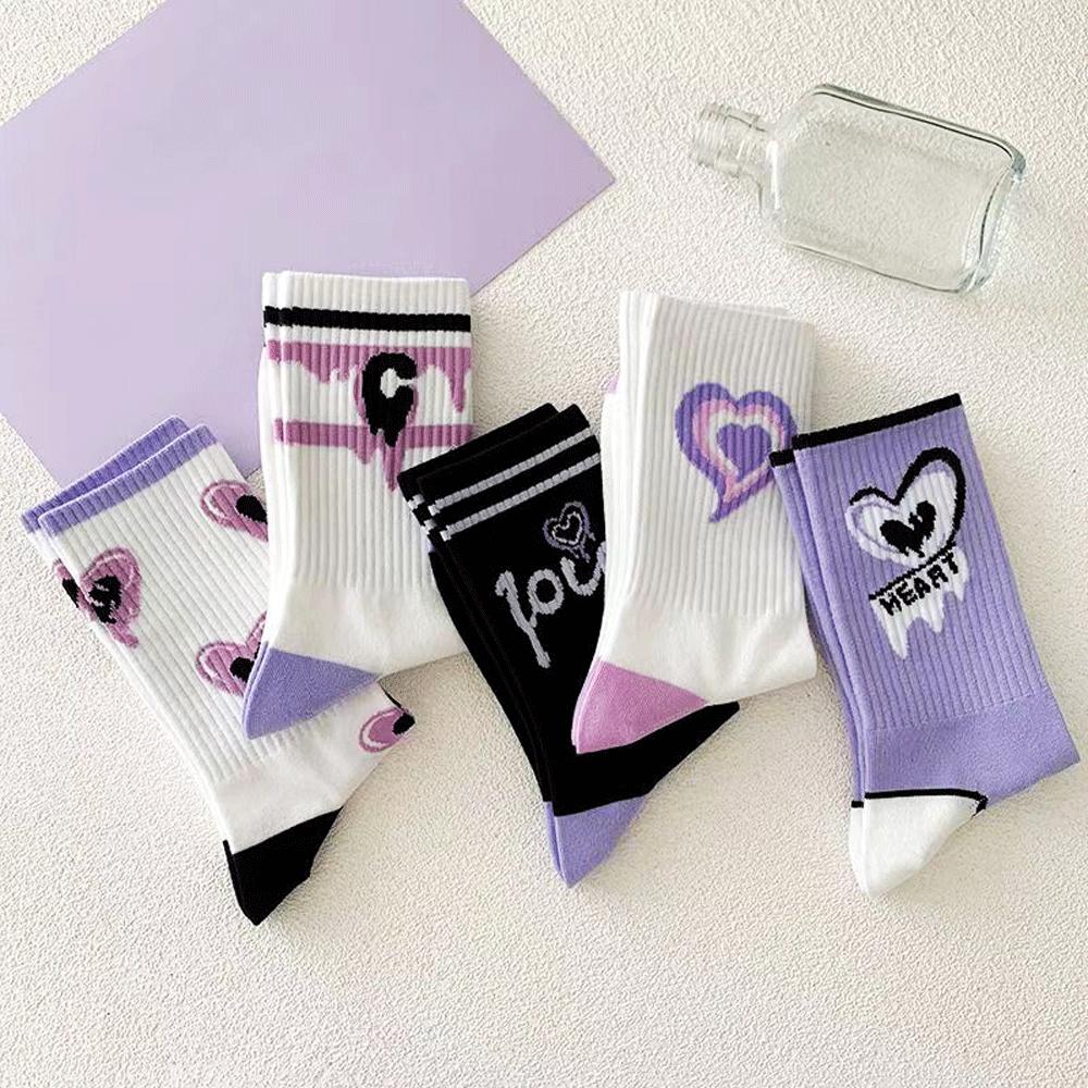 Женские белые носки, милые хлопковые носки с сердечками, Kawaii, консервативный корейский стиль, аниме, фиолетовые женские носки, комплект из 5 пар