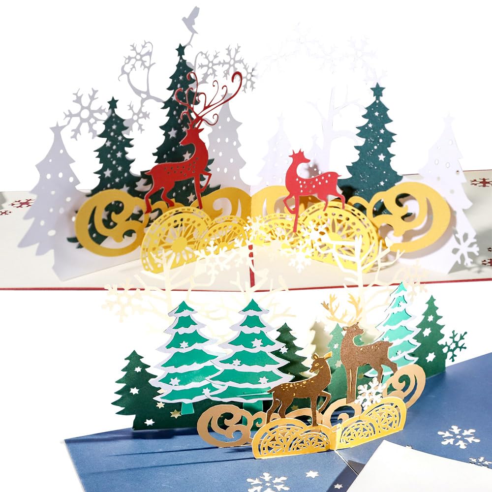 Moin Moin Christmas Set of 2 Message Delicate and Beautiful 3D Beautiful 2411xme358 Cards, (Envelopes Included), Cards, Grading, Pop-Up Reindeer,