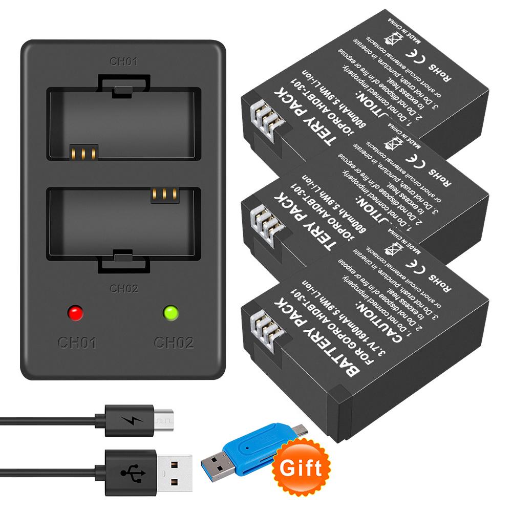 Литий-ионный аккумулятор AHDBT-301 3,7 В, 1600 мАч для GoPro Hero3 Gopro Hero 3/3+, оригинальный аккумулятор для камеры AHDBT 301 AHDBT 301 + зарядное устройство