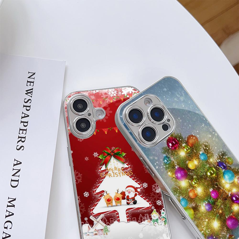 Чехлы для телефонов Ae114 Merry Christmas Christmas tree art из гальванизированного стекла для Samsung S25 Ultra iPhone 16 Xiaomi Redmi, полная защита объектива, задняя крышка