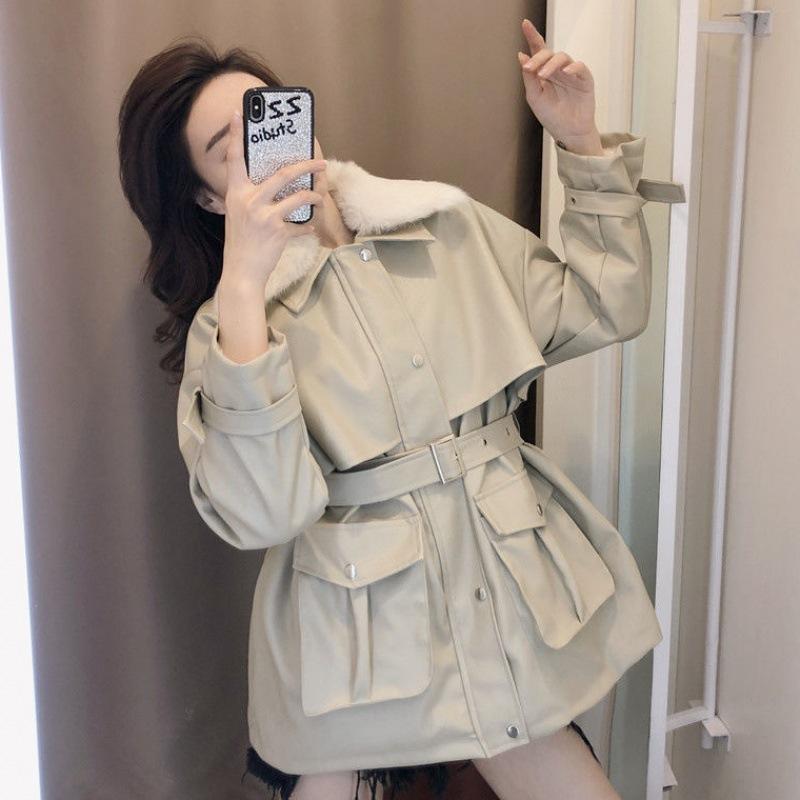 Leather Jacket Women's Mid-length Winter New Korean Style Loose Cotton Jacket Plus Velvet Thickened Motorcycle Popular PU Leather Jacket