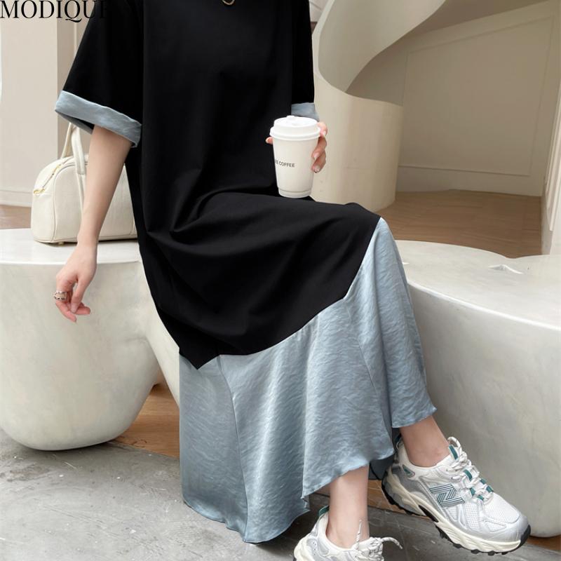 MODIQUE Summer Plus Size New Women Basic Loose Color Matching Patchwork Pleated Long Dresses Female Casual Short Roll-up Sleeve O-Neck Dresses