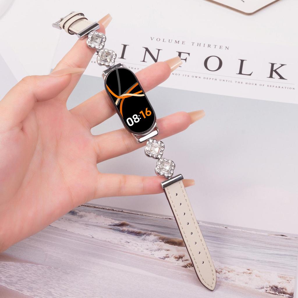 Watch Band for Xiaomi Smart Band 9 NFC/Band 9/Band 8 Rhinestone Decor Metal+Leather Strap