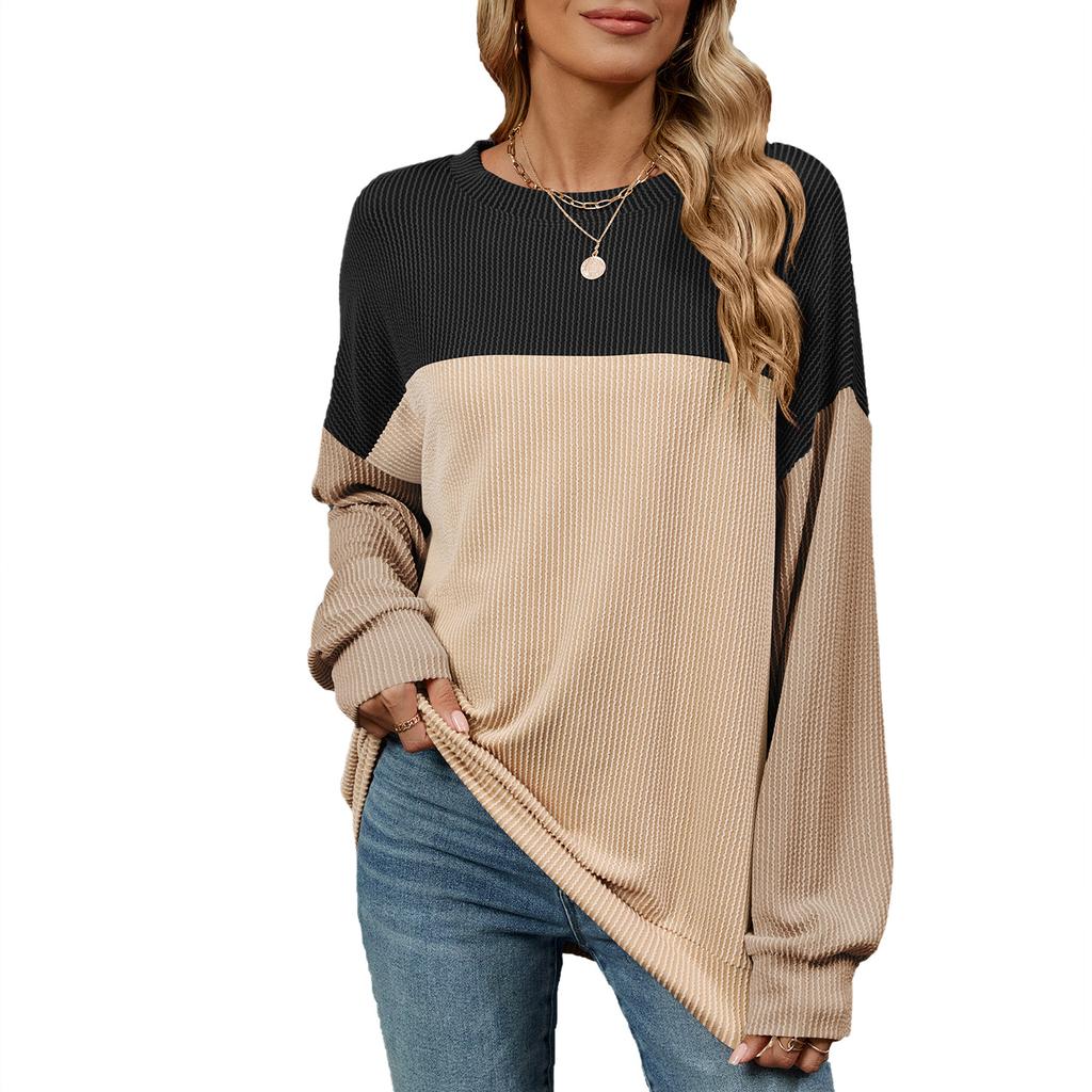 2024 Осень и зима Новая круглая горловина контрастного цвета плюс размер средней длины футболка с длинными рукавами для женщин