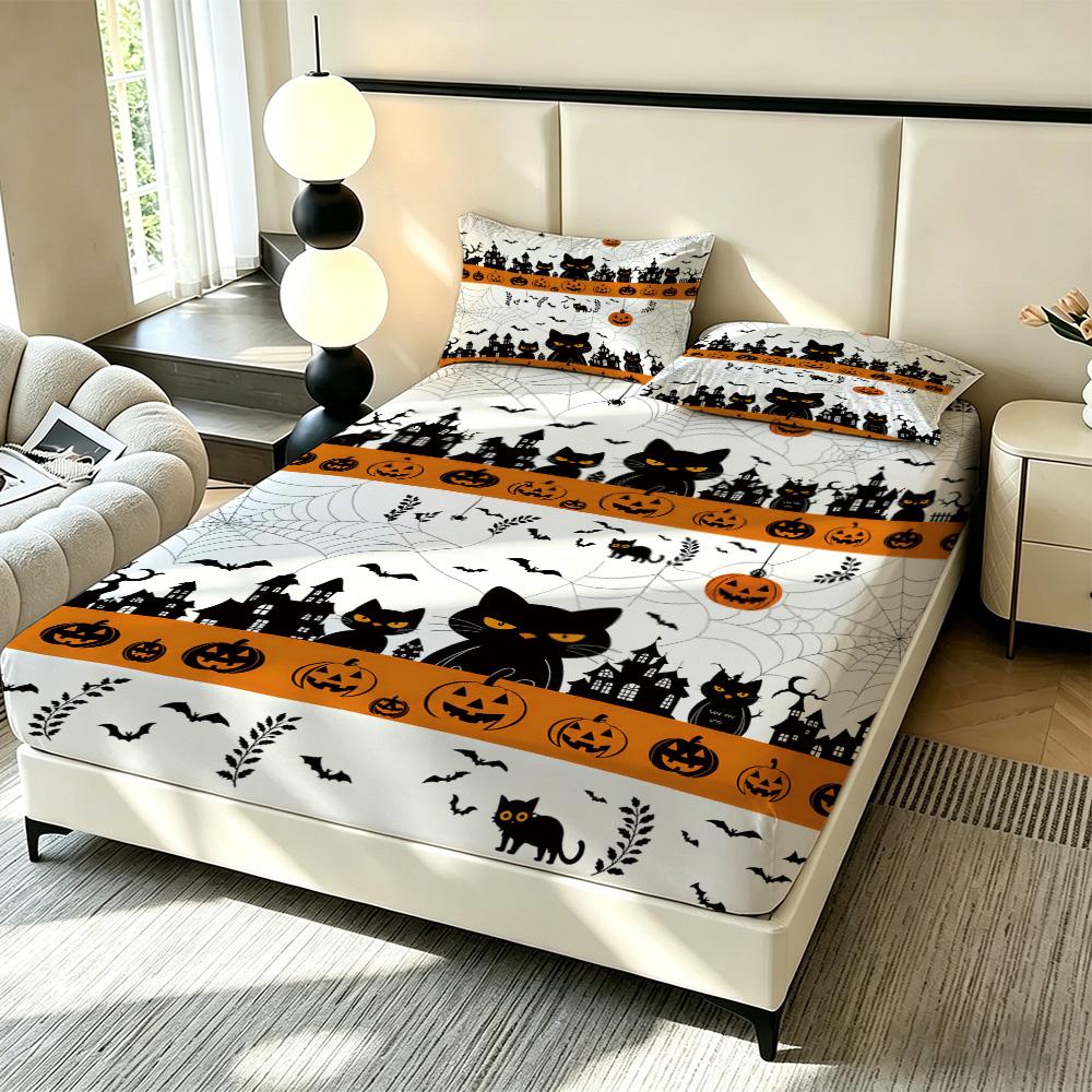Halloween Spider Web Black Cat Pumpkin Fitted Sheet 3PCS Set Spooky Bedding Set 1 Fitted Sheet + 2 Pillowcases