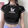 Butterfly Graphic and Letter Printing Stitch Green Crop Tops O-neck Short Sleeve T-shirts Clothes Shirt Vintage Bf Clothing Tee