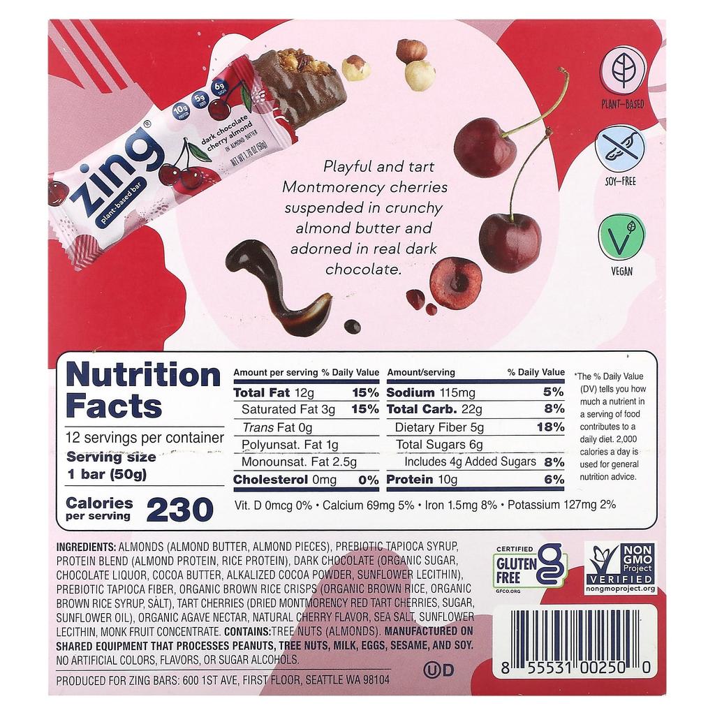Zing Bars, Vegan Bars, Dark Chocolate Cherry Almond, with Almond Butter, 12 Bars, 1.76 oz (50 g) Each